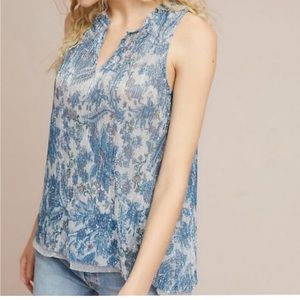 Vanessa Virginia By Anthropologie Silver Blue Floral Metallic Foil Tank Top XL